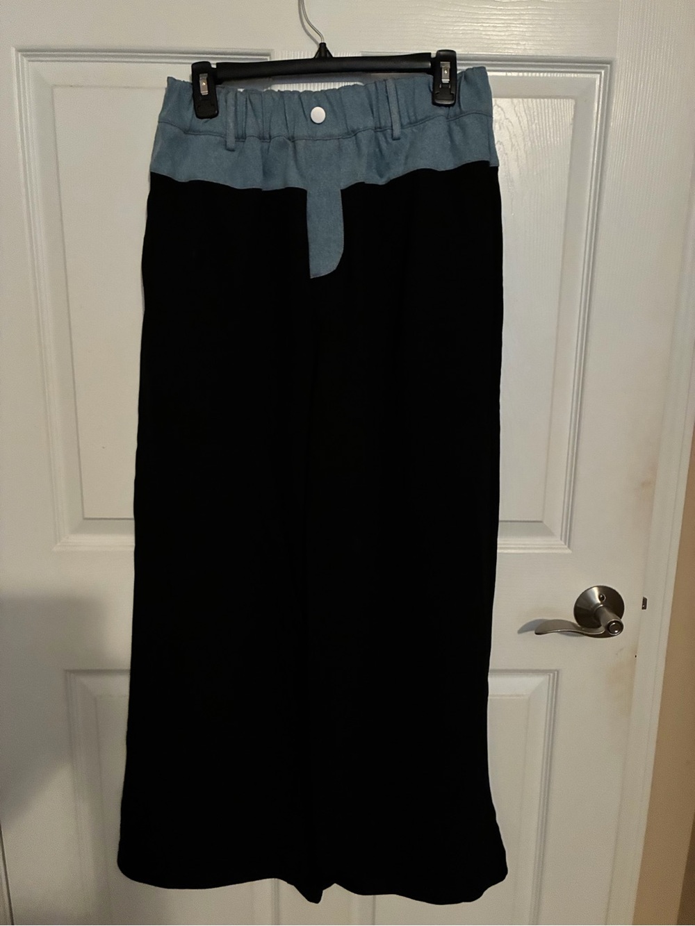 ODDIE Wide Leg Black Pants with Light Blue Jean Waistband NEW